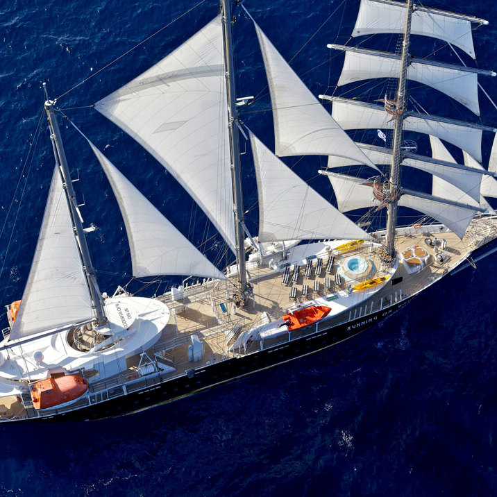 ship at sea at full sails top view