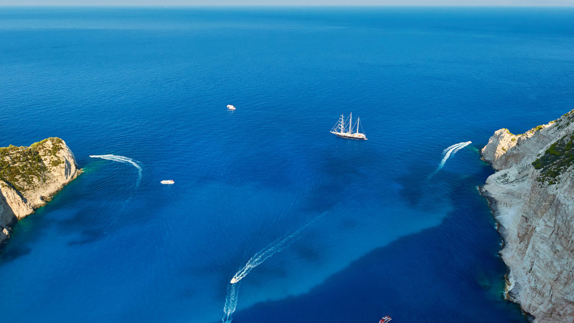 ship at a distance from Shipwreck beach on Zakynthos island Greece