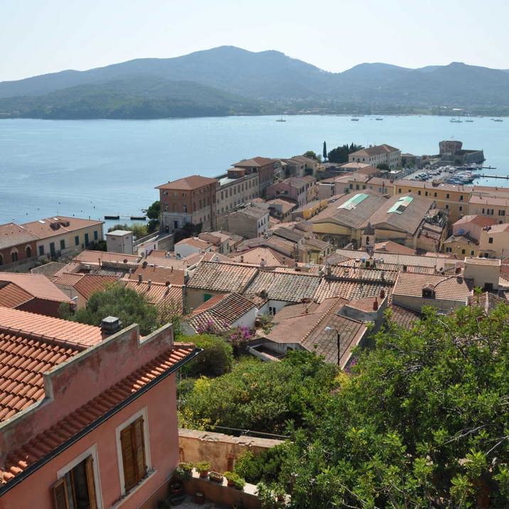 town red rooftops and coast view