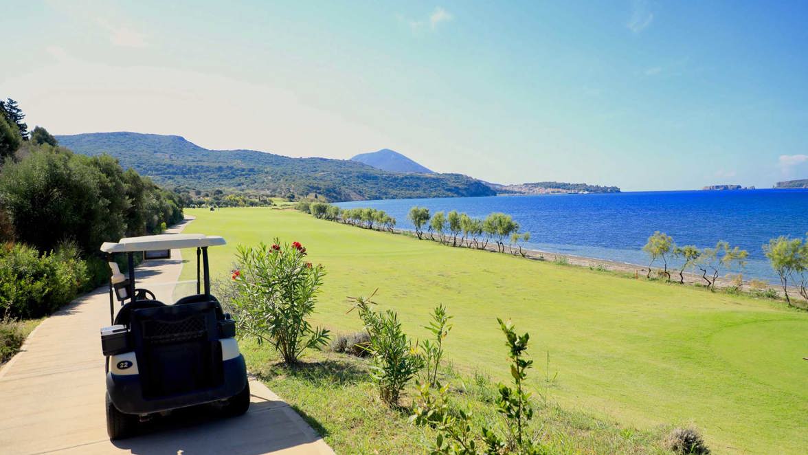 golf cart on coastal golf course 