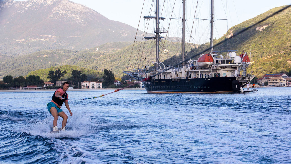 guest wakeboarding near ship 