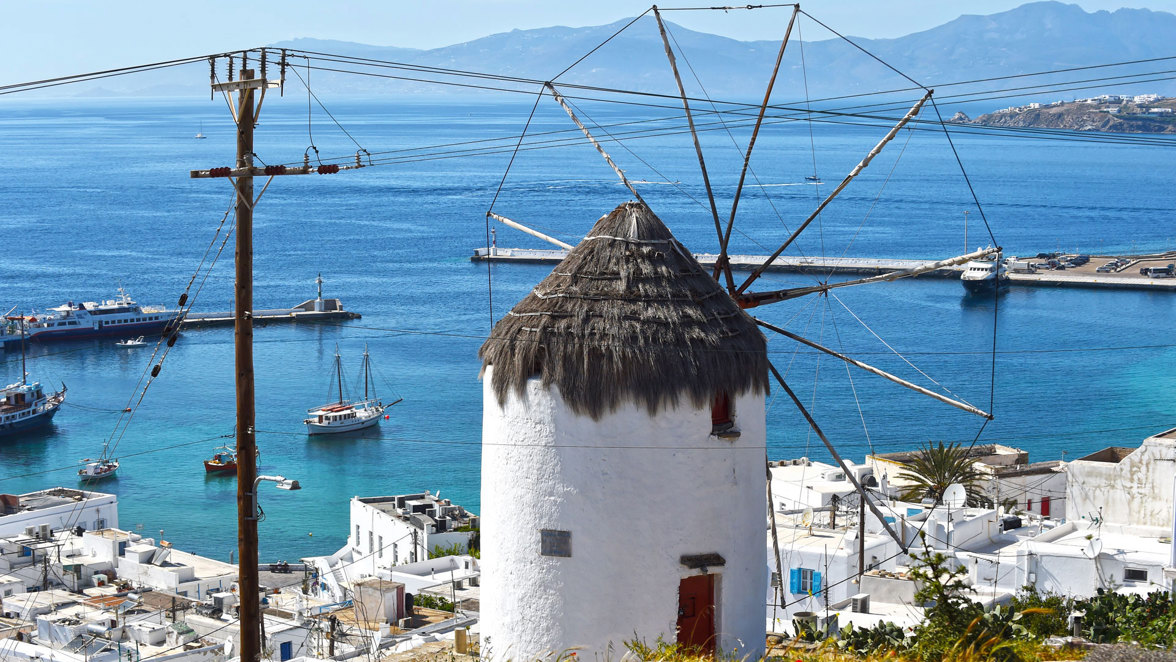 mykonos town coast with windmill