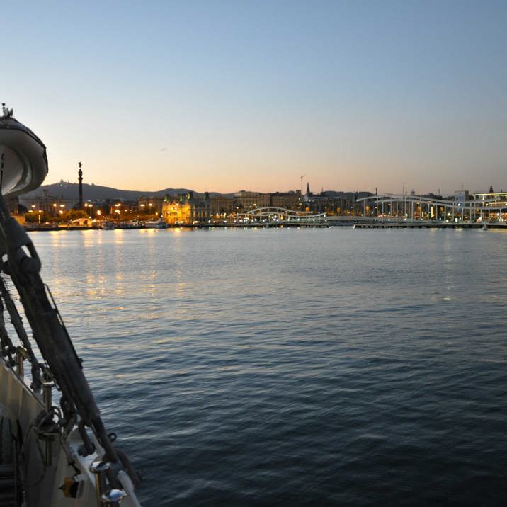 night view of island town coast from ship